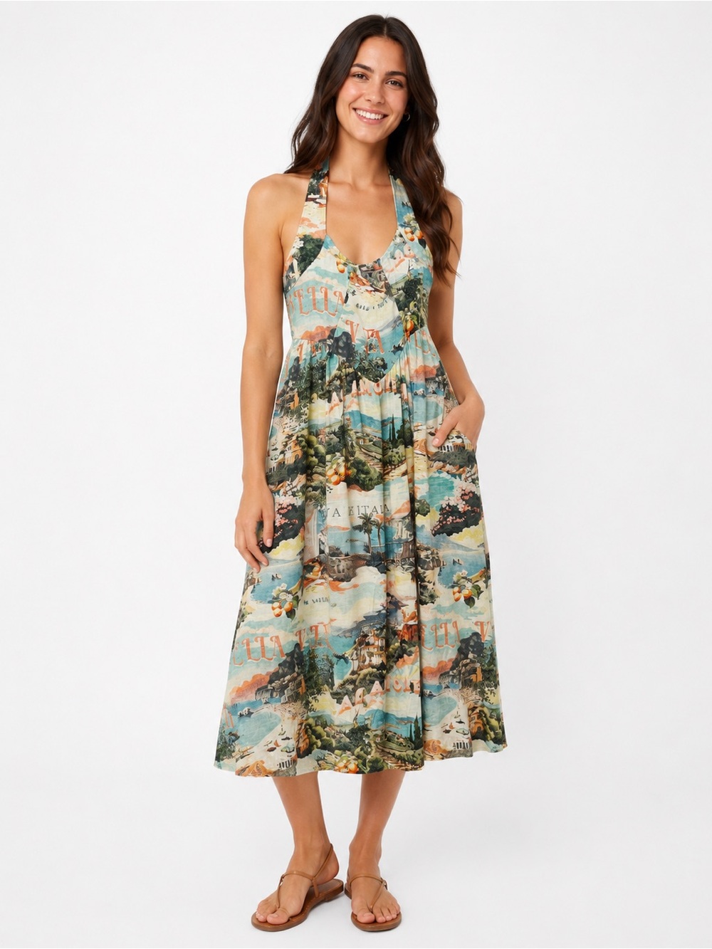 White Closet Backless Halter Vacation Midi Dress in Multi-Color Scenic Print